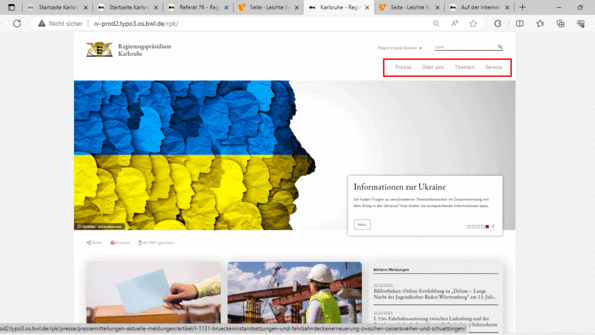 Ausschnitt Internet-Seite mit rot umrandetem Feld. Im Feld stehen die Wörter Presse, Über uns, Themen, Service. Sie bilden das Haupt-Menü.