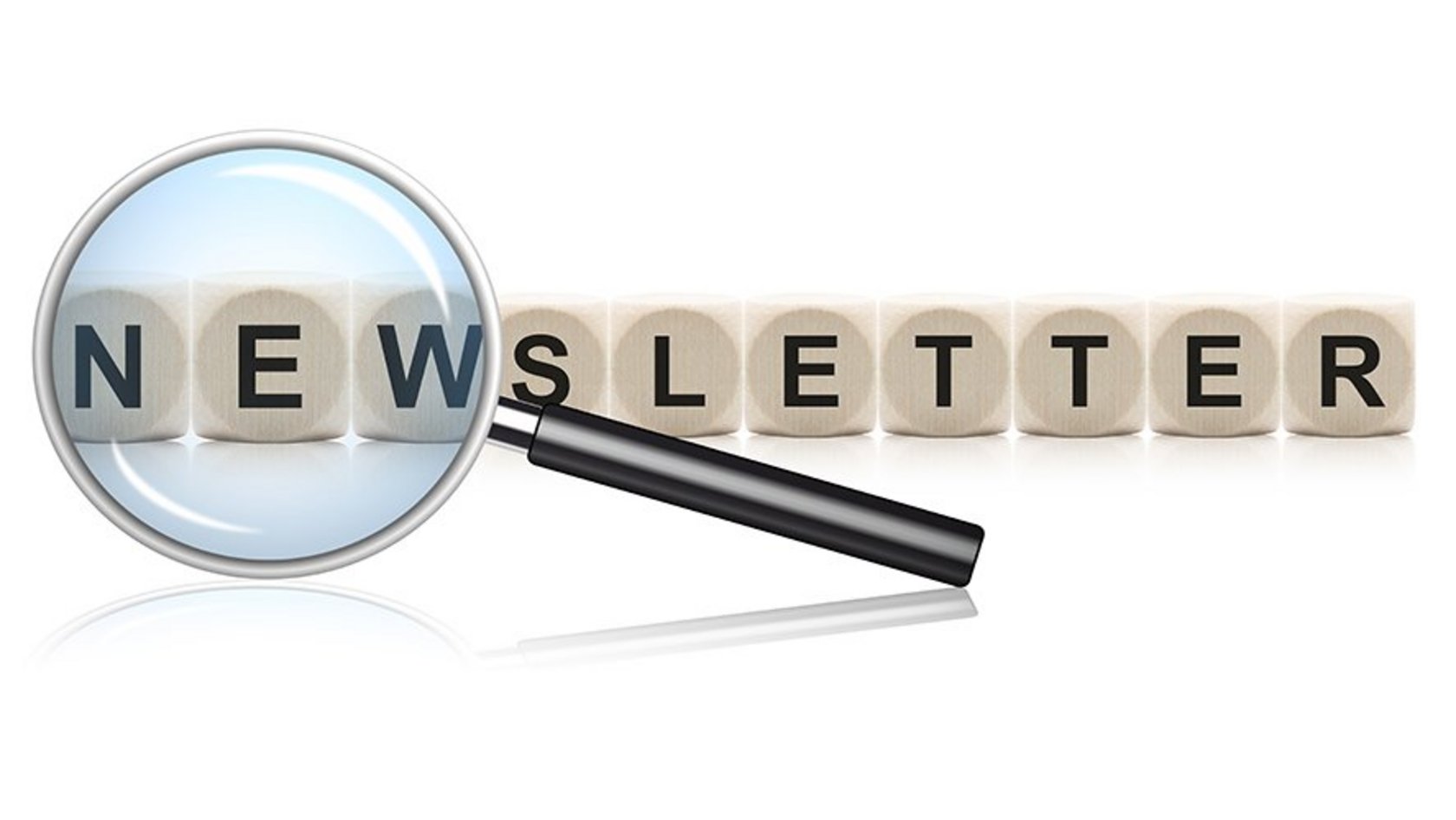 Würfel aneinandergereiht, beschriftet mit den jeweiligen Buchstaben von Newsletter, links davor eine Lupe