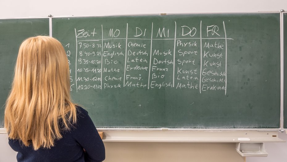 Tafel mit Stundenplan, Lehrerin steht davor Tafel mit Stundenplan, Lehrerin steht davor