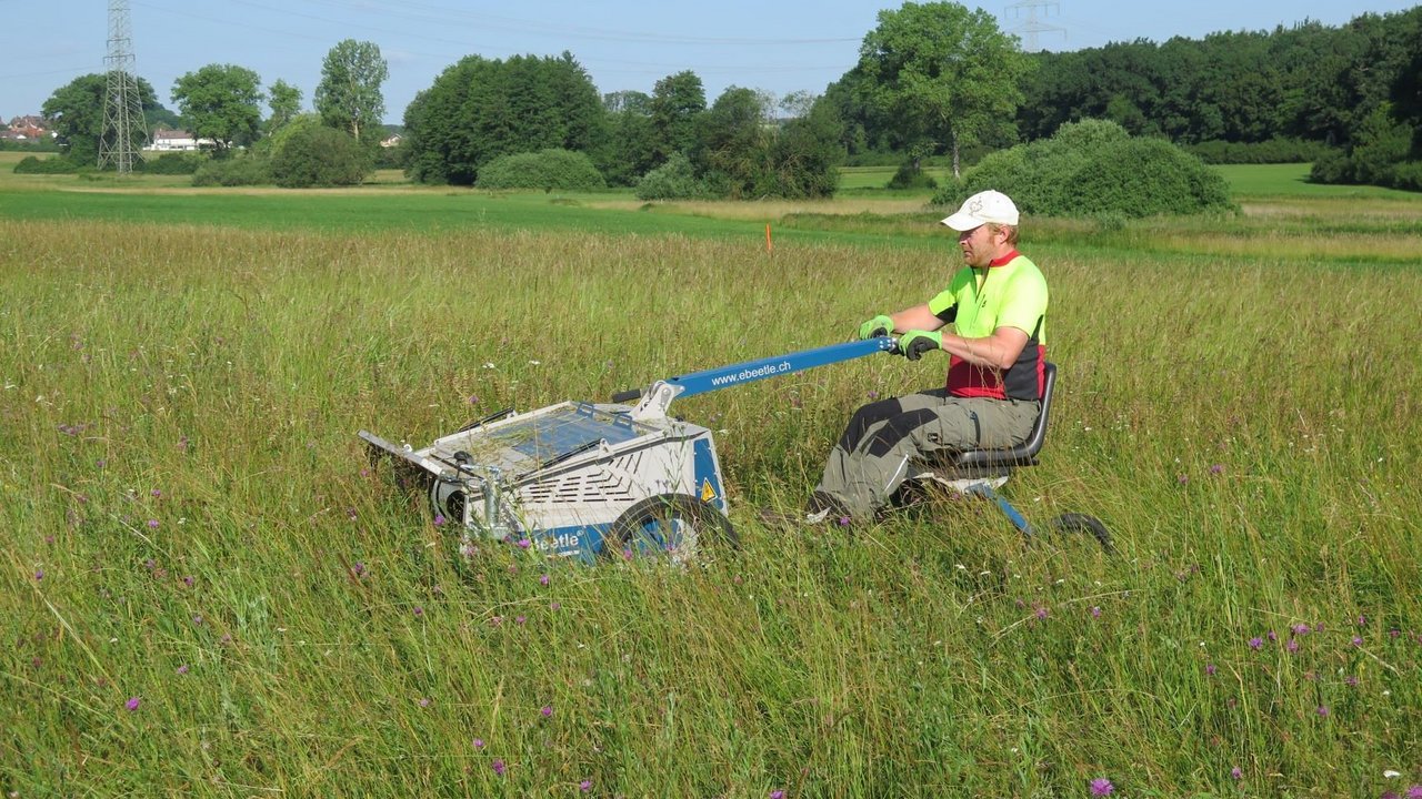 Mit dem EBeetle erntet der Landschaftspflegetrupp des Regierungspräsidiums die Samen der artenreichen Wiesen