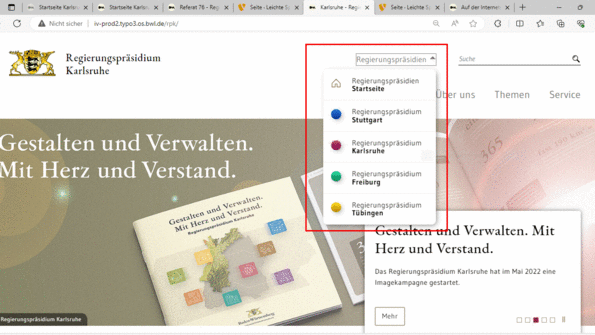 Ausschnitt Internet-Seite mit rot umrandetem Feld. Dort stehen die vier Regierungs-Präsidien untereinander. Und es gibt noch das Feld Regierungs-Präsidien Start-Seite. Sie können hier zwischen den Regierungs-Präsidien wechseln. Oder zum gemeinsamen Auftritt aller vier Präsidien kommen.