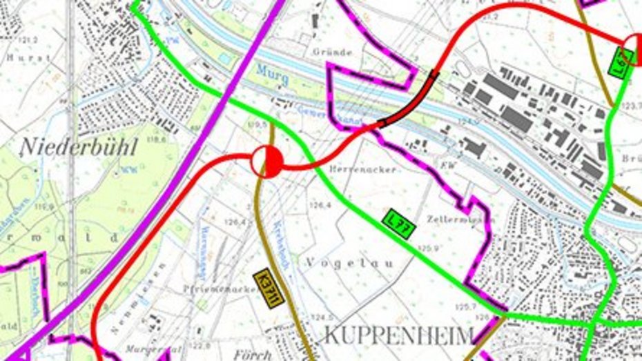 Darstellung aus dem Bundesverkehrswegeplan 2030 - mögliche Linienführung der B 3 in rot Planausschnitt mit möglicher Lineinführung der B 3