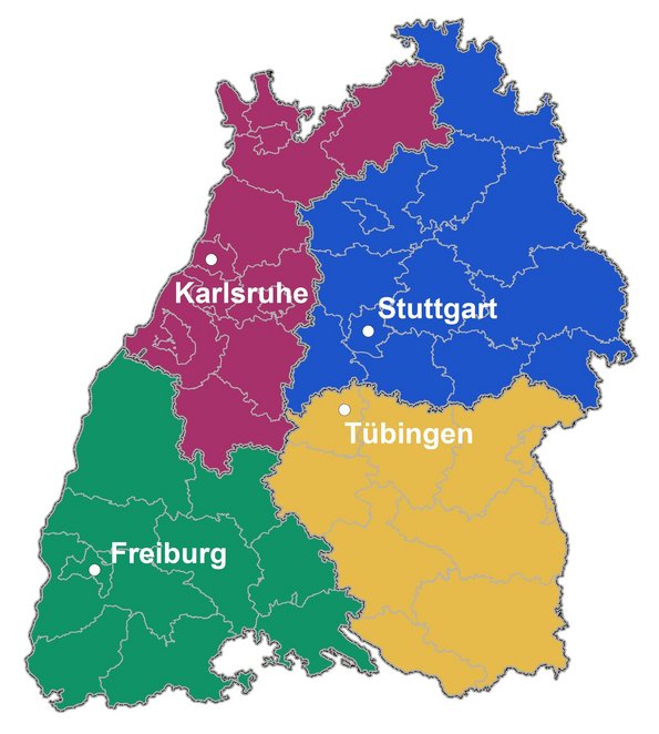 Karte von Baden-Württemberg, eingeteilt sind farblich hinterlegt die vier Regierungsbezirke