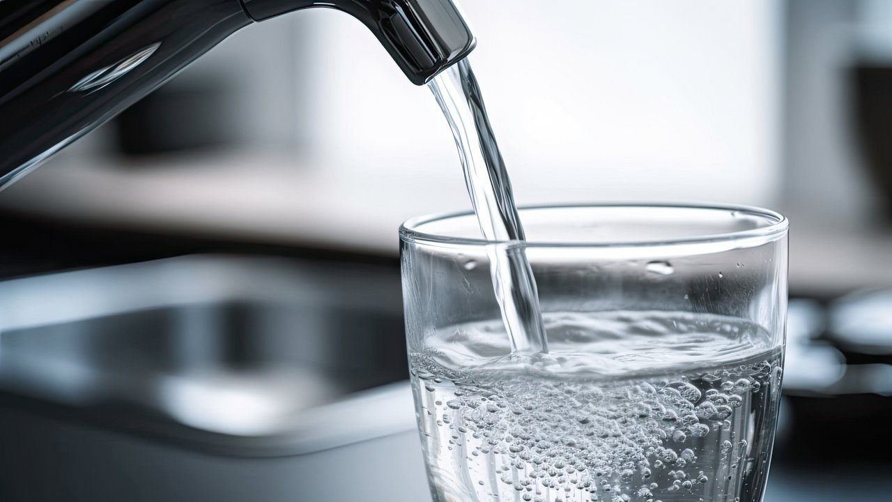 Trinkwasser fließt aus einer Küchenarmatur in ein Glas
