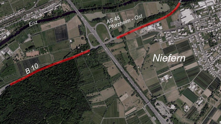 Luftbild der geplanten Strecke (B 10 zwischen Eutingen und Anschluss A 8 Ost)