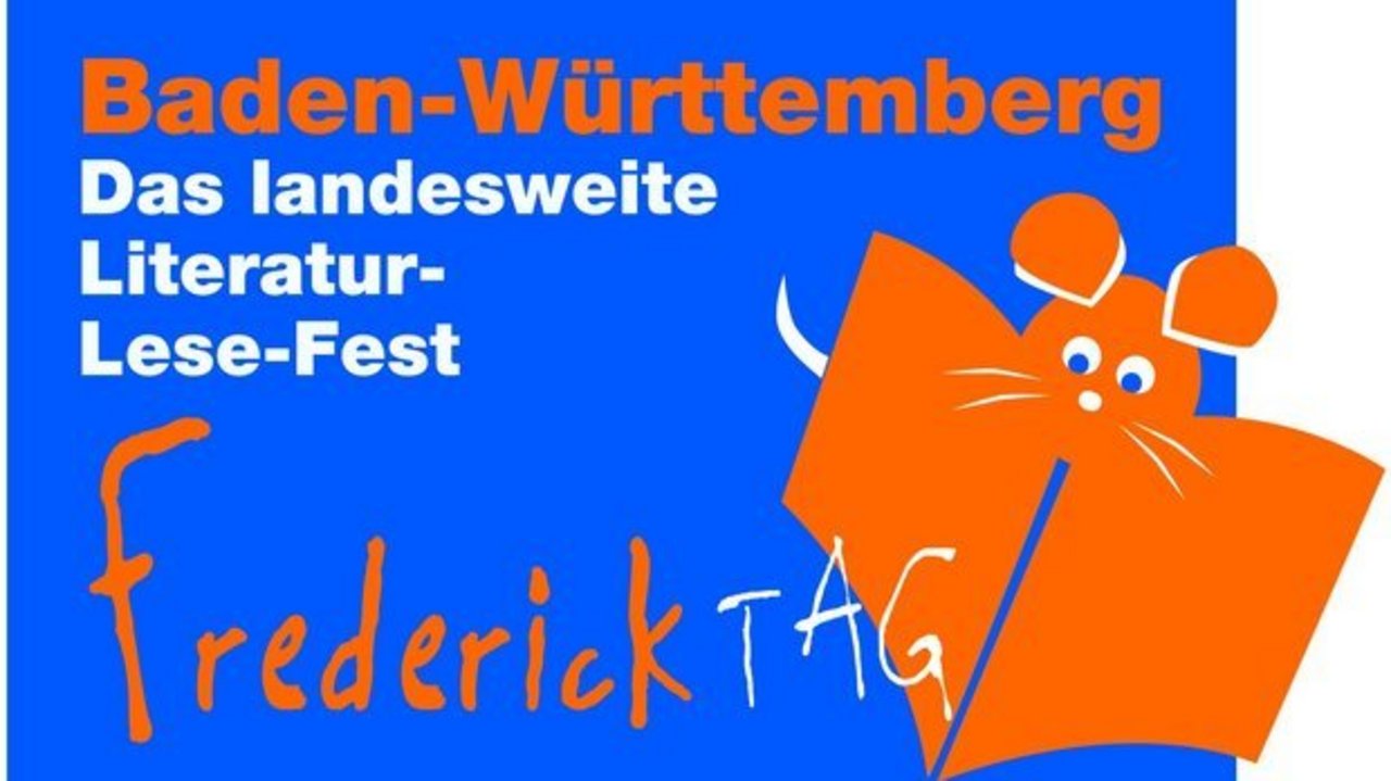 Auf diesem Bild sehen Sie das Frederick Logo mit der Aufschrift "Baden Württemberg - Das landesweite Literatur-Lese-Fest - Frederick Tag".