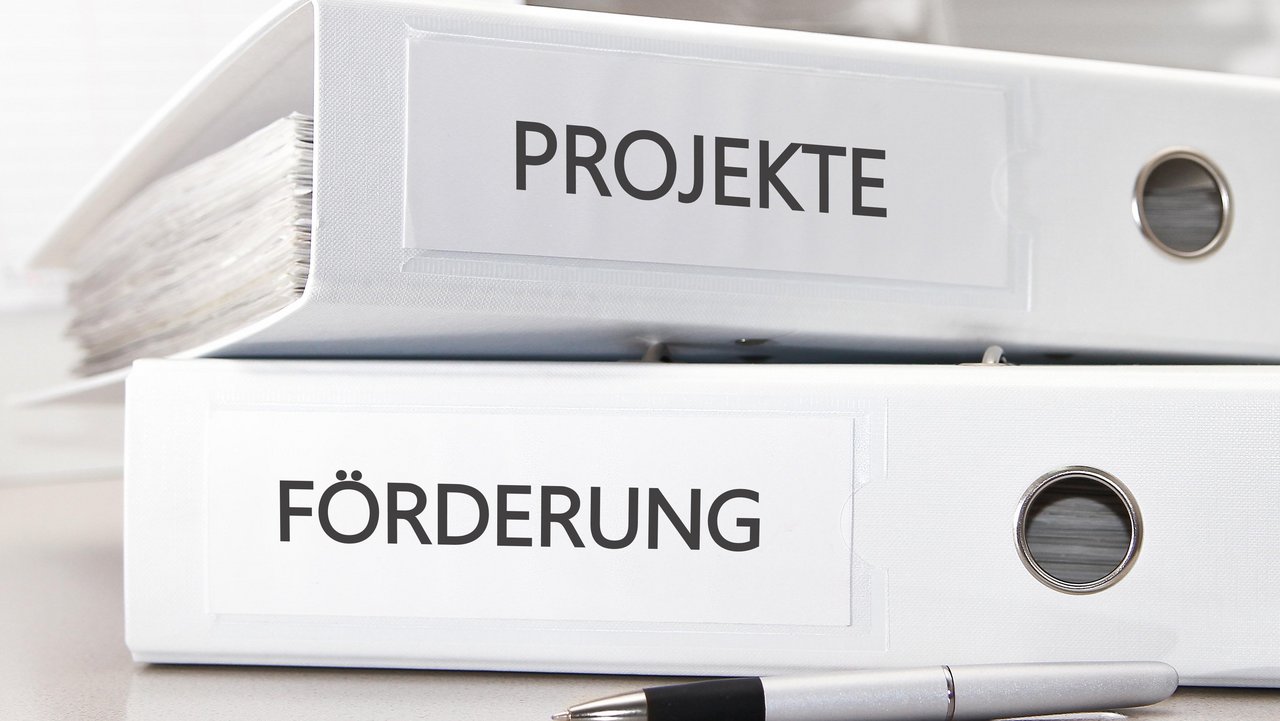 Bild zeigt zwei aufeinanderliegende Aktenordner einmal mit der Beschriftung Förderung und einmal mit der Beschriftung Projekte