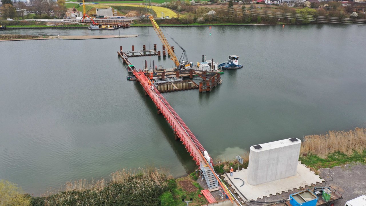 Neckarbrücke Schiffsabweiser im Bau – Blickrichtung Nord