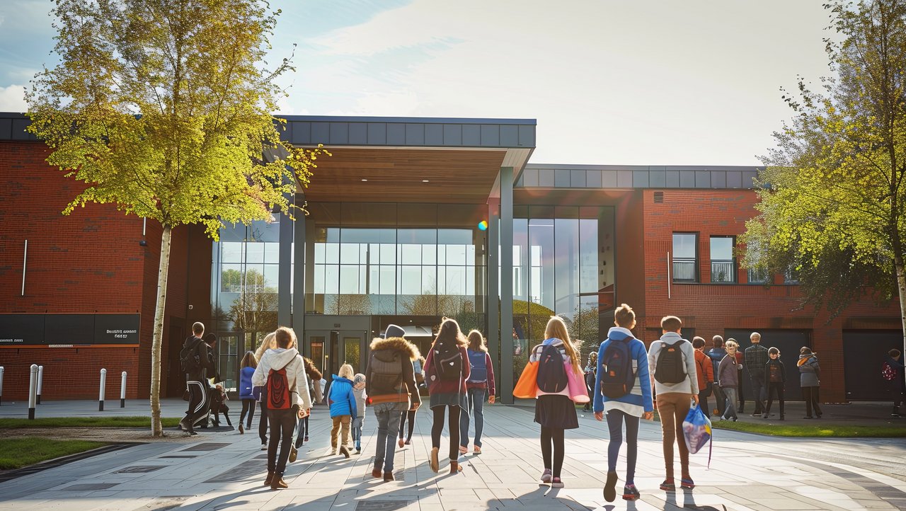 Schüler die in ein Schulgebäude laufen
