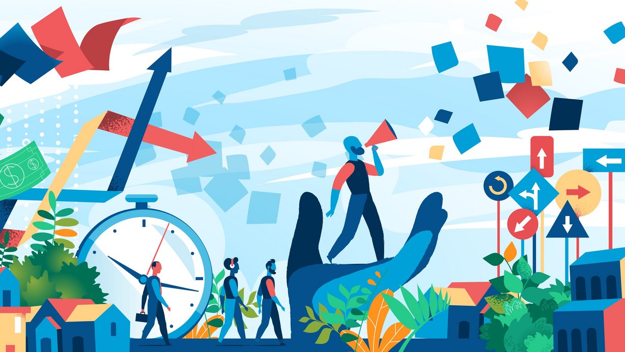 Menschen, die im Kreislauf der Wirtschaft eingebettet sind. Dabei sind der technologische Fortschritt, Zeitökonomie, Regelungen, Wachstum und vieles mehr zu erkennen, das alles miteinander verwoben ist. Der Mensch, der aus der Natur kommt, muss diese ökonomisierte Welt gestalten. 