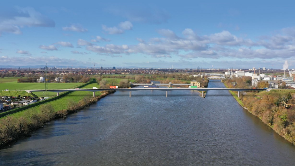 Zu sehen ist eine Visualisierung der neuen Neckarbrücke bei Ladenburg