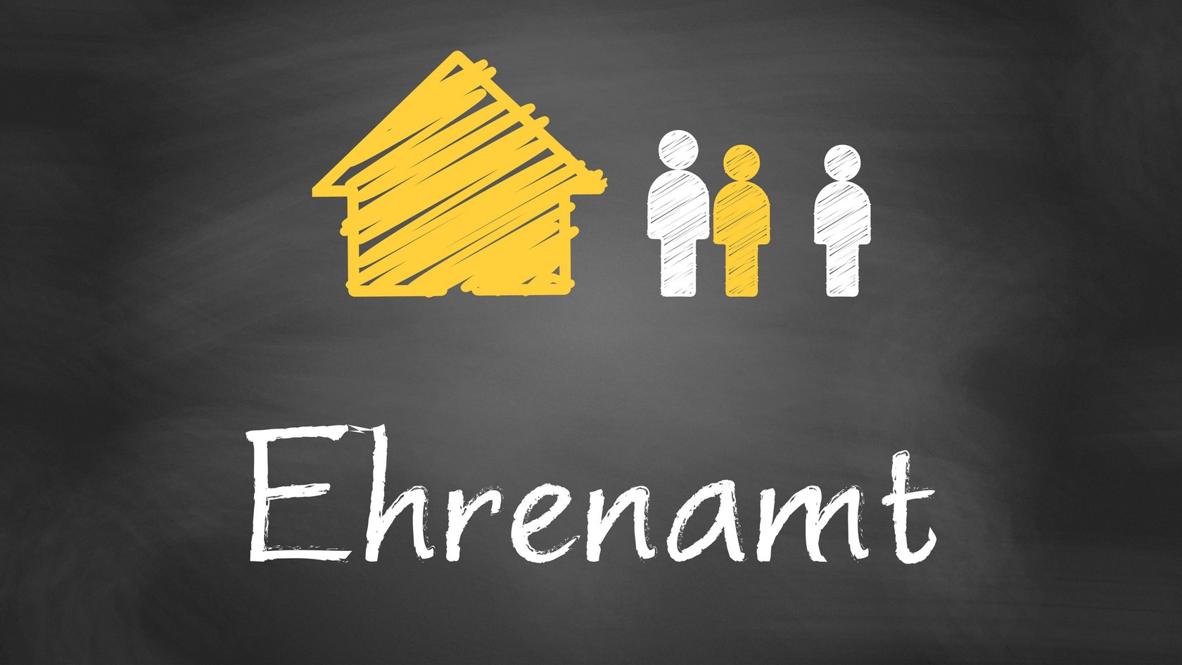 Illustration: Gelbes Haus mit drei Personen (eine davon gelb, zwei in weiß) und mit Bildunterschrift "Ehrenamt"