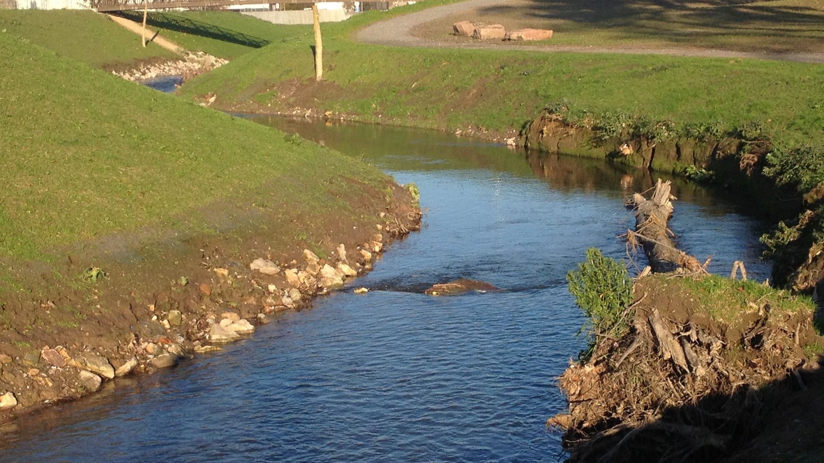Auf dem Bild sieht man den Leimbach in einem Abschnitt, kurz nach dem Gewässerausbau, in dem dieser bereits in einen naturnahen Zustand gebracht wurde: mit leicht mäandrierendem Gewässerlauf, Totholz im Gewässer, die für vielfältige Strömungsverhältnisse sorgen und initial begrünten Uferböschungen. Gewässerbegleitend verläuft ein Uferweg und drei Blocksteinen am Rand. Im Hintergrund sieht man eine Brücke und mehrere Gebäude.