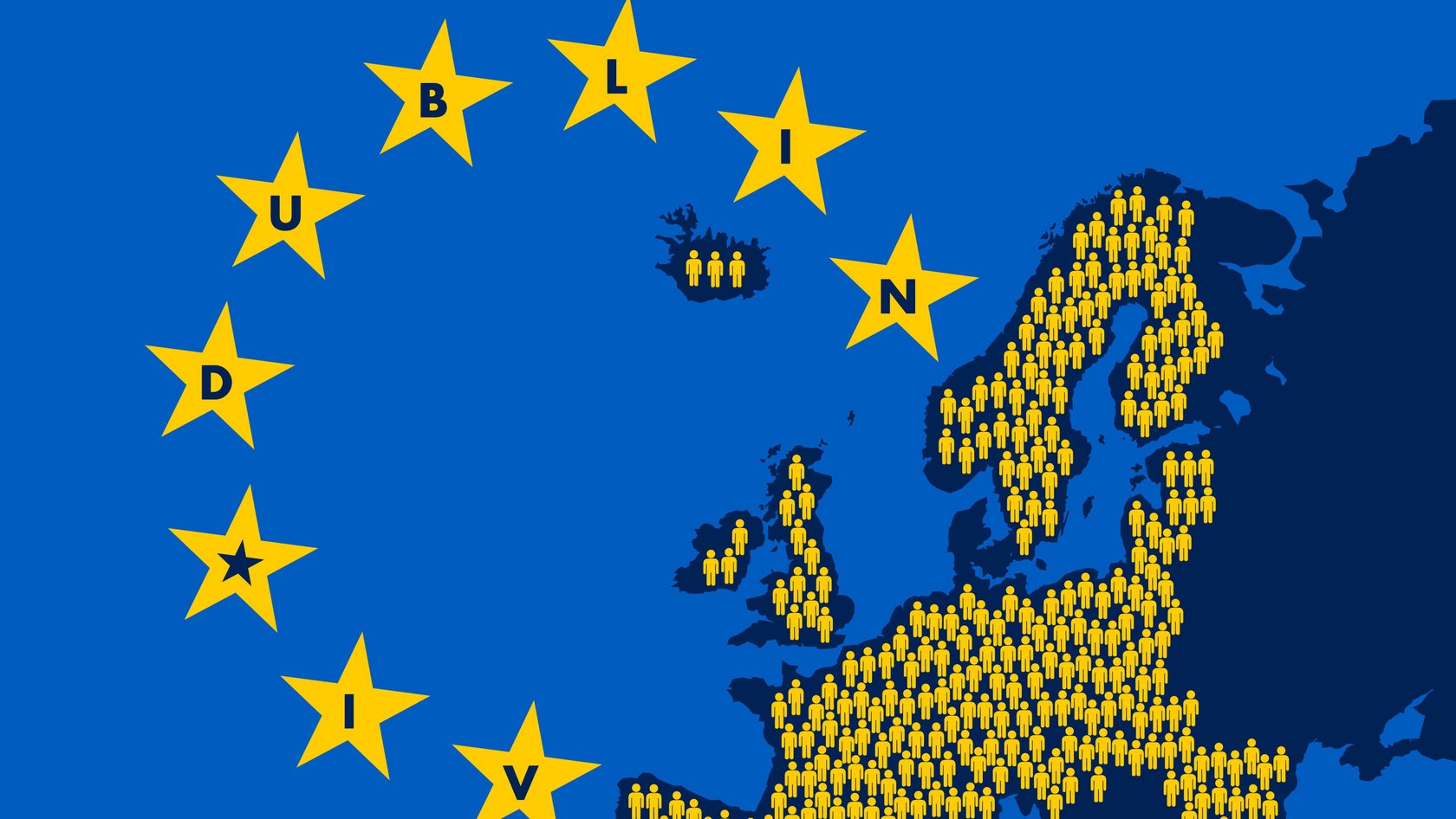 EU-Karte mit EU-Zeichen und Menschen innerhalb der EU