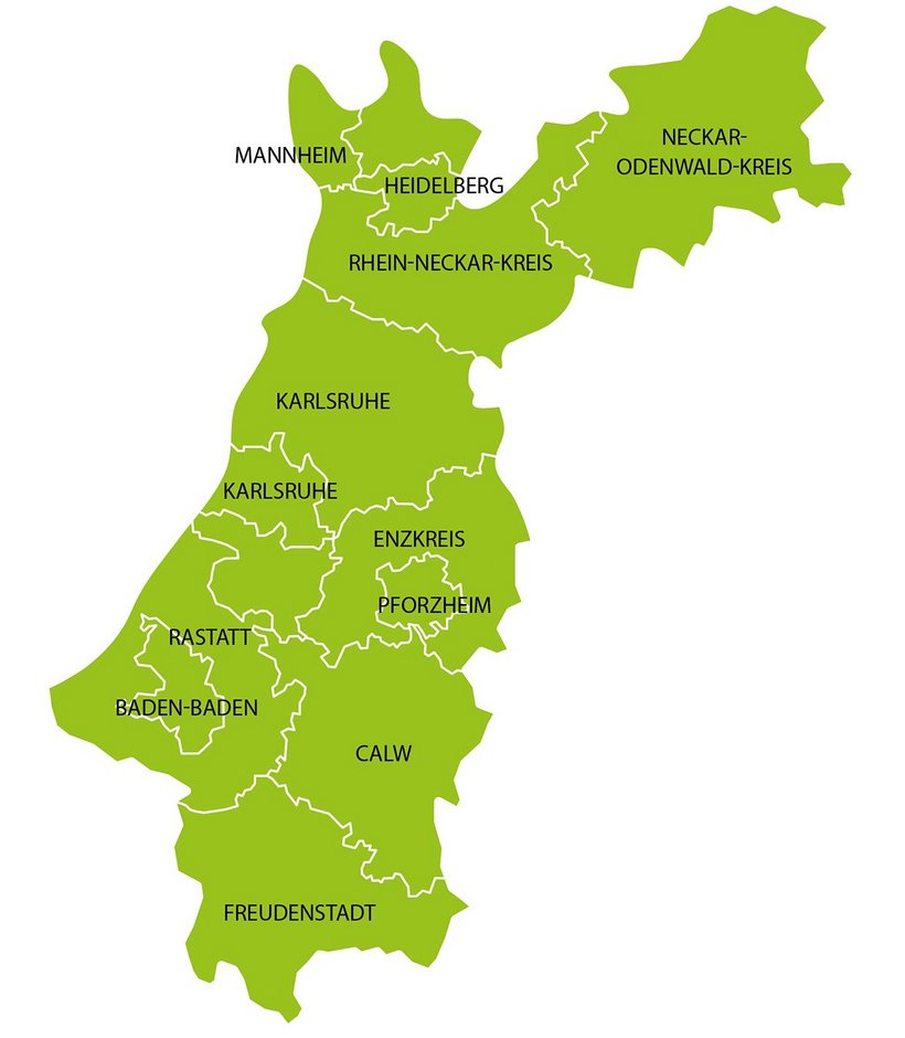 Karte des Regierungsbezirks Karlsruhe mit Stadt- und Landkreisen