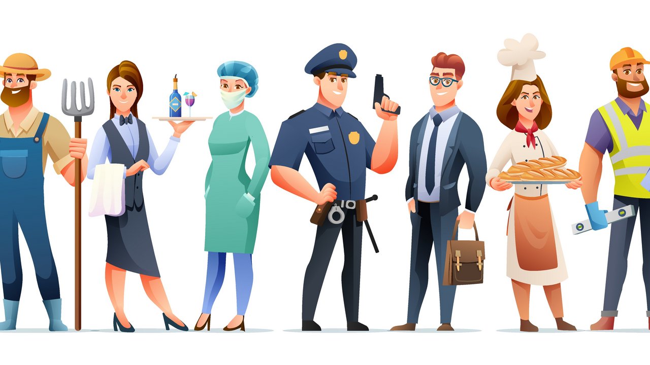 Mehrere illustrierte Personen stellen verschiedene Berufe dar.