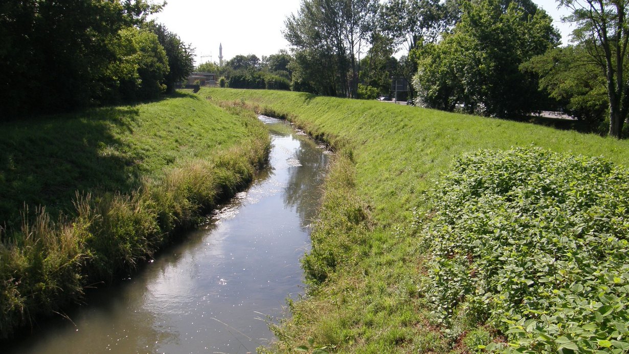 Auf dem Bild sieht man den monotonen und von seitlichen Dammstrukturen eingeengten Leimbach. Die Ufer und Dammbereiche sind mit Gras bewachsen. Auf beiden Seiten sieht man im Anschluss Bäume und Sträucher. Auf der rechten Seite erkennt man im Hintergrund eine Straße mit Straßenschild. In der Ferne sieht man eine Brücke, einen Turm sowie einen Kran.