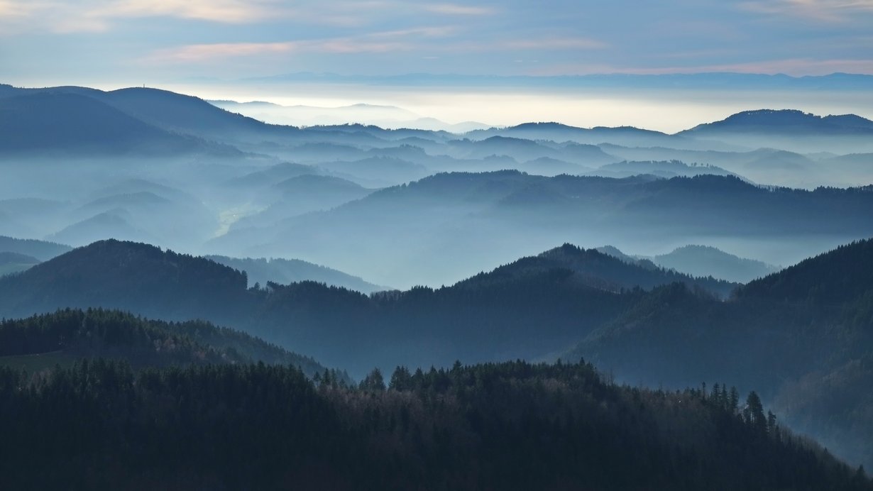 Blick vom Nordschwarzwald auf Oberrhein und Vogesen bei Inversion