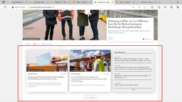 Ausschnitt Startseite des Regierungs-Präsidiums Karlsruhe mit rot umrandeten aktuellen Meldungen.