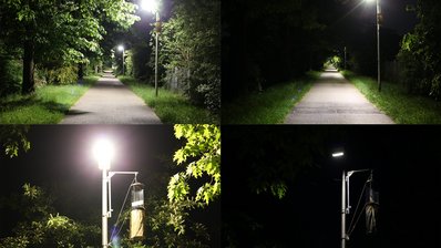 Ein Radweg des Nachts wird von Straßenlaternen hell beleuchtet. Das Licht erhellt stark das den Weg säumende Grün. Derselbe Radweg des Nachts wird von abgeschirmten Straßenlaternen beleuchtet. Das Licht fällt zielgerichtet auf den Boden, das den Weg säumende Grün liegt im Dunkeln.