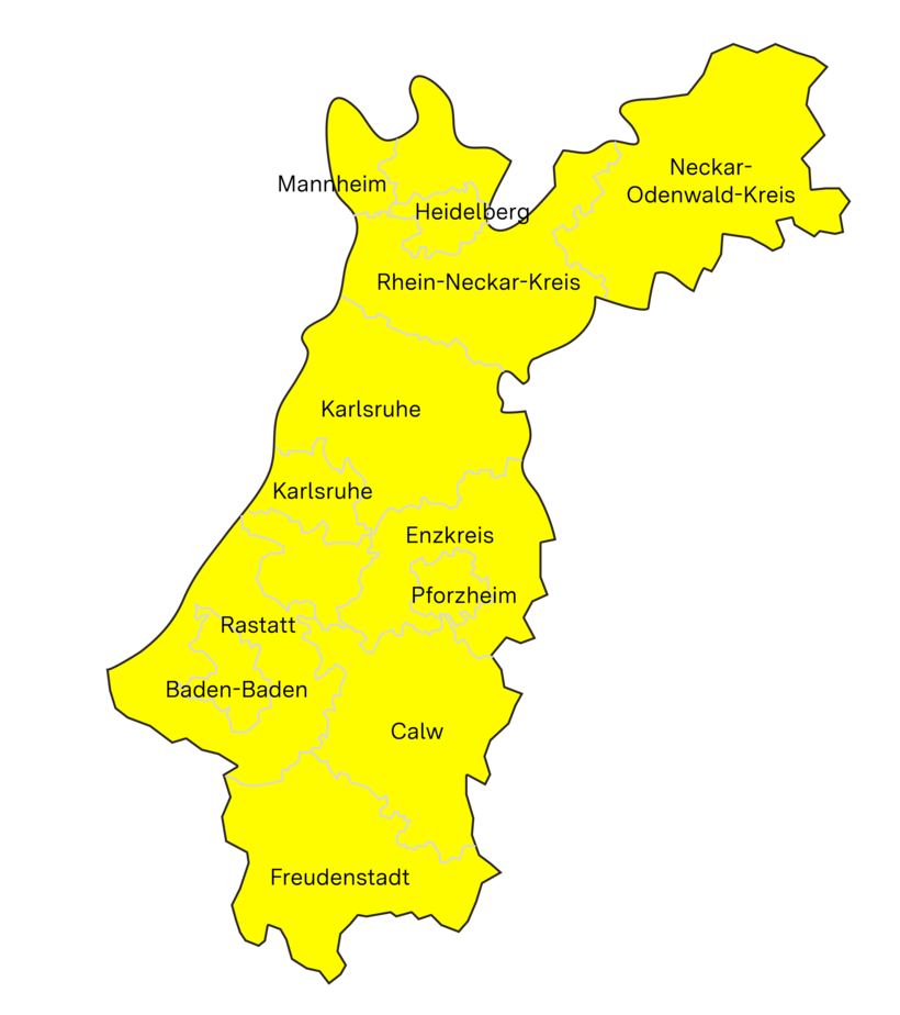 Karte des Regierungsbezirks Karlsruhe mit Stadt- und Landkreisen