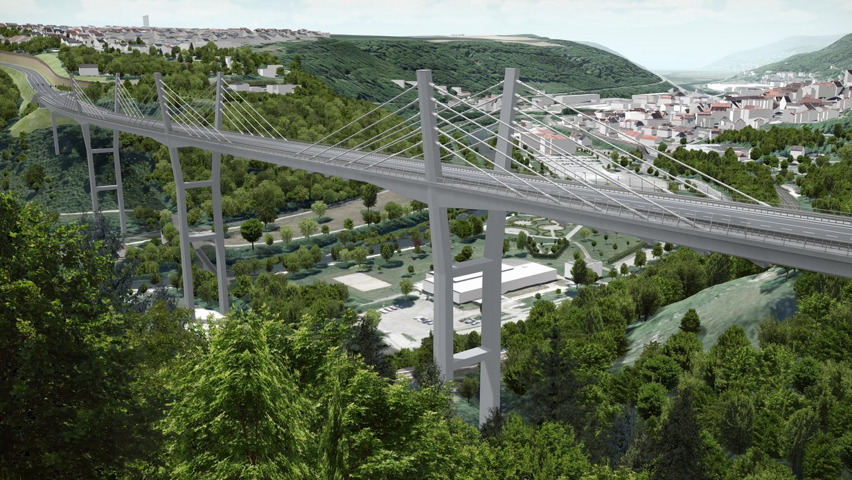 Simulation: Blick vom Rauschbart auf das künftige Brückenbauwerk