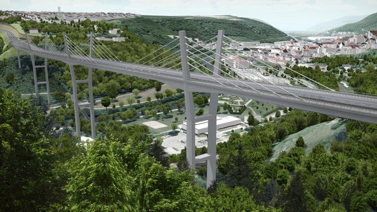 Simulation: Blick vom Rauschbart auf das künftige Brückenbauwerk Simulation: Blick vom Rauschbart auf das künftige Brückenbauwerk