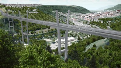Simulation: Blick vom Rauschbart auf das künftige Brückenbauwerk