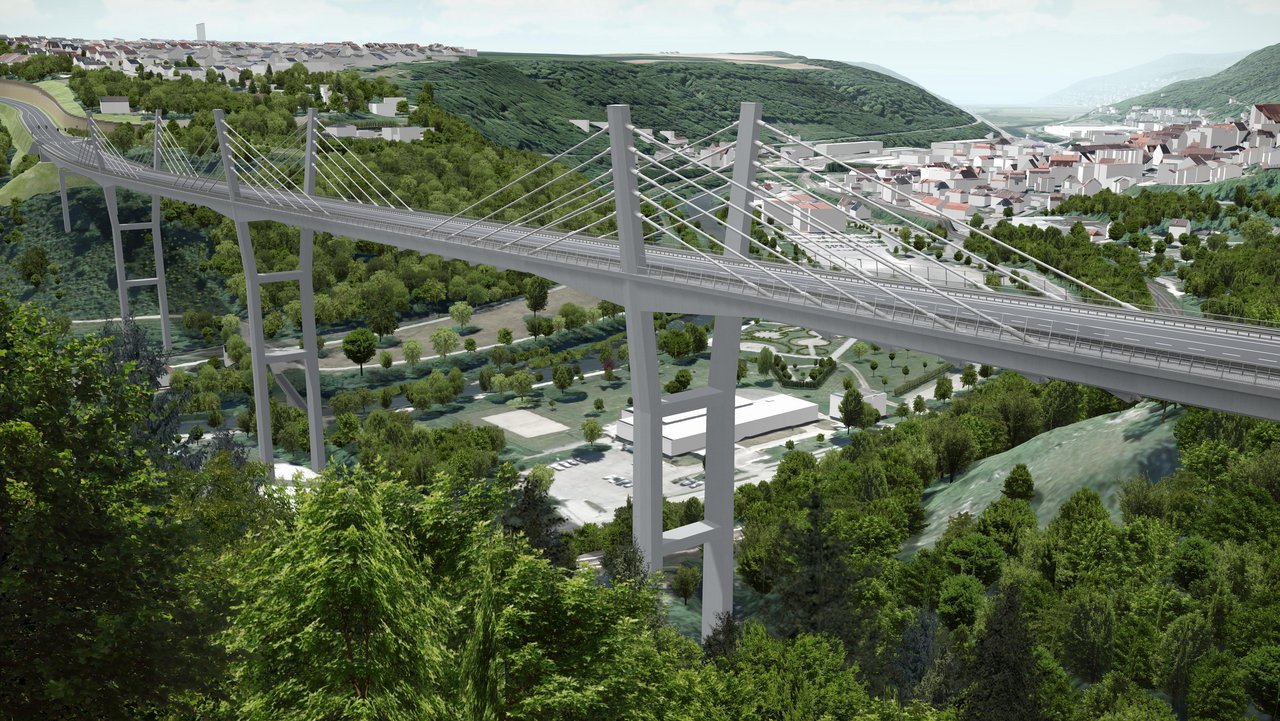 Simulation: Blick vom Rauschbart auf das künftige Brückenbauwerk