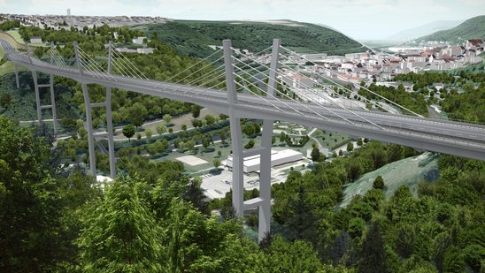 Simulation: Blick vom Rauschbart auf das künftige Brückenbauwerk