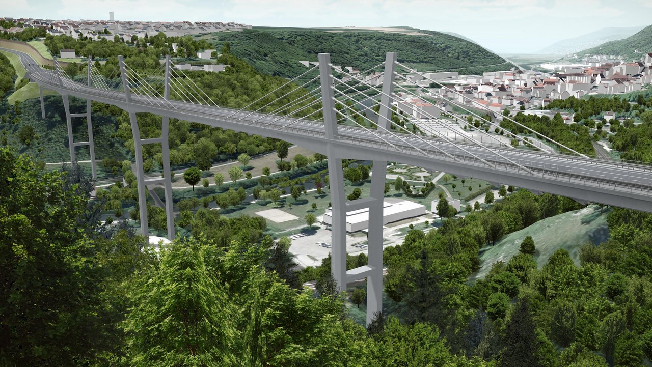 Simulation: Blick vom Rauschbart auf das künftige Brückenbauwerk