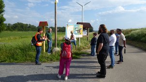 Auf dem Foto sieht man den Projektleiter im Gespräch mit Bürgerinnen und Bürgern am Damm auf Höhe der PAMINA Informationstafeln im Juli 2021. 