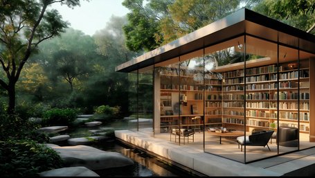 Bibliothek mit Glaswänden und Leseraum Bibliothek mit Glaswänden und Leseraum mit Blick auf einen ruhigen Garten