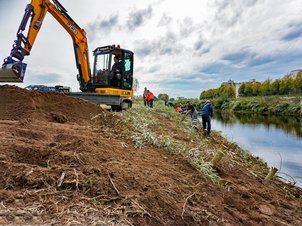 Ufersicherung durch Anbringung von Faschinen und Weidenspreitlage durch Wasserbauarbeiter