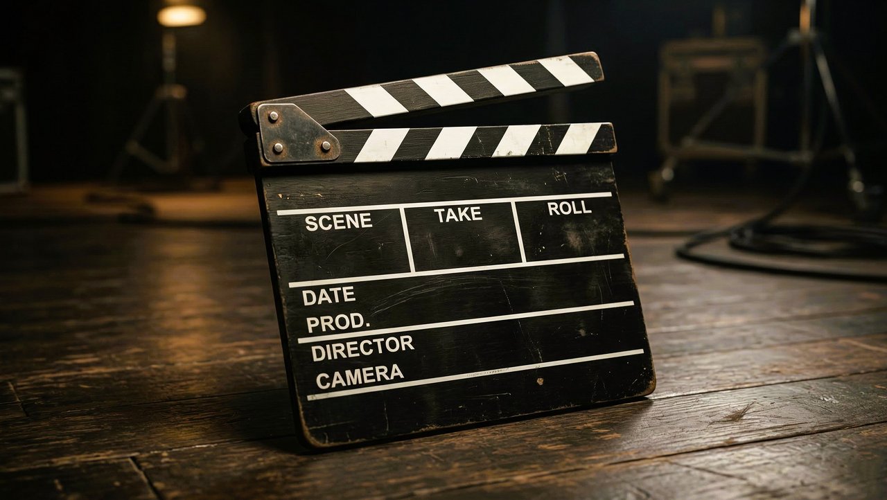 Vintage Movie Clapperboard Resting on a Dark Studio Floor