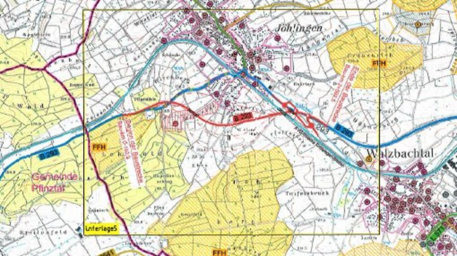 Auszug aus dem Übersichtslageplan zum Bau der B 293, Ortsumgehung Jöhlingen