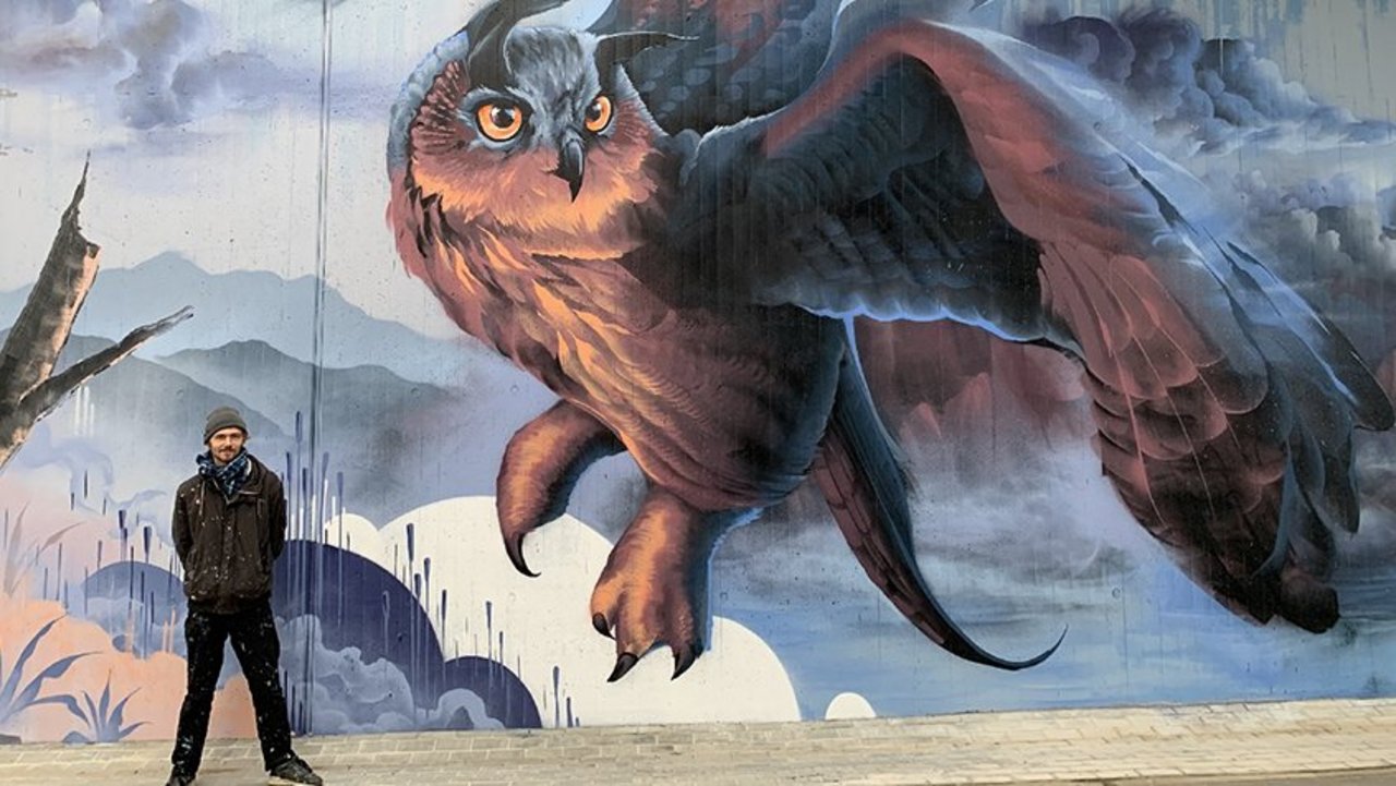 Künstler Felix Falkner vor seinem Uhu-Graffiti