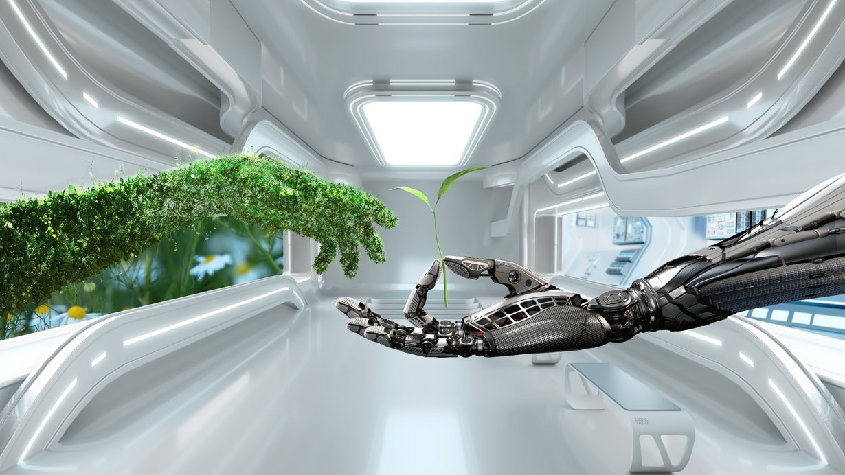 Das Bild zeigt zwei Hände in einem Labor der Zukunft. Die linke Hand wird aus zahlreichen Pflanzenteilen gebildet und steht für die Naturwissenschaften, die rechte Hand stammt von einem Roboter, der ein kleines Pflänzchen in den Fingern hält. Diese Hand symbolisiert die Technik.